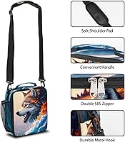 Vista 3 de Lonchera de lobo para niños, colorida caja de almuerzo con diseño de olas del océano para niños, reutilizable, aislada, impermeable, con correa