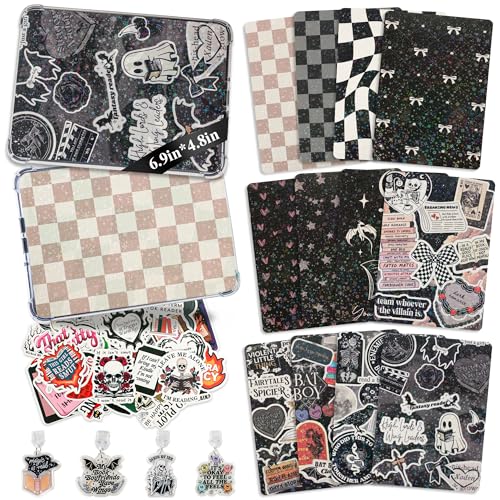 BAWMOY 12PCS Inserts Cardstock for E-Reader - 4 Type-C Charms and 50PCS Stickers for Clear Case Insert - 6.9x4.8 Fantasy Theme E-Reader Back Cover Insert Decorating Accessories(Black)
