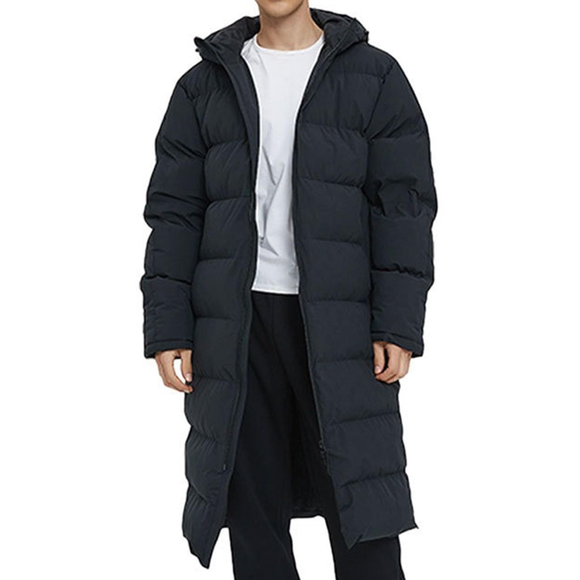 Herren-Daunenjacke, mittellang, lässig, mit Kapuze, Outdoor, Vintage, lange Ärmel, Pufferjacke, Winter, solide Overknee-Daunenjacke