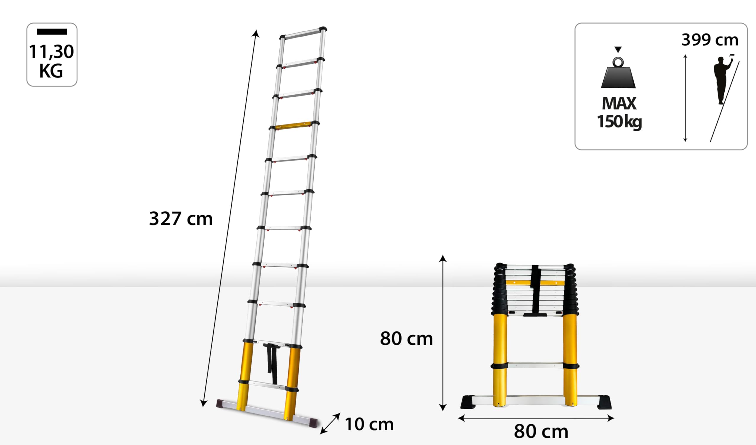 Drabest MAX Scala Telescopica Multiuso in Alluminio, Pieghevole e Allungabile, 11 Gradini, Portata 150 kg, Dimensioni 0,80 x 3,27 x 0,1 m