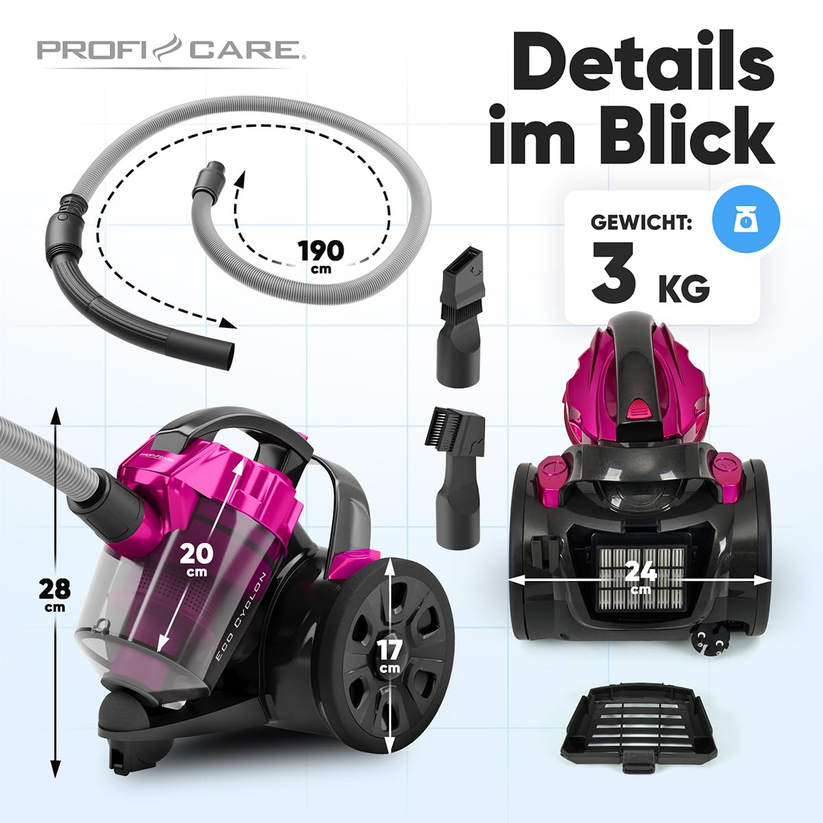 Proficare, Aspirapolvere senza sacco, 700W Rosa PC-BS3134-Rosa, Filtrazione HEPA, Tubo Telescopico, Spazzola Combinata, Risparmio Energetico, Carica Automatica, Ideale per Tutti i Tipi di Superfici