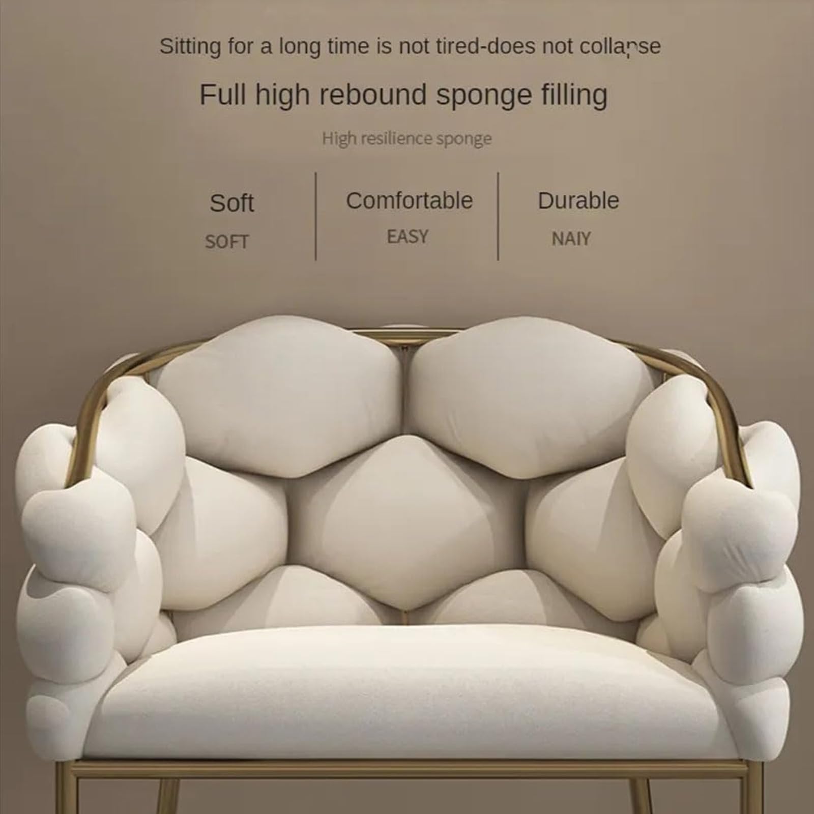 Silla Decorativa de Terciopelo, sillón para Dormitorio con Patas de Metal Dorado, Silla de Burbujas de Lujo Ligera, Silla tapizada Individual para salón, Cocina, Dormitorio,Gris