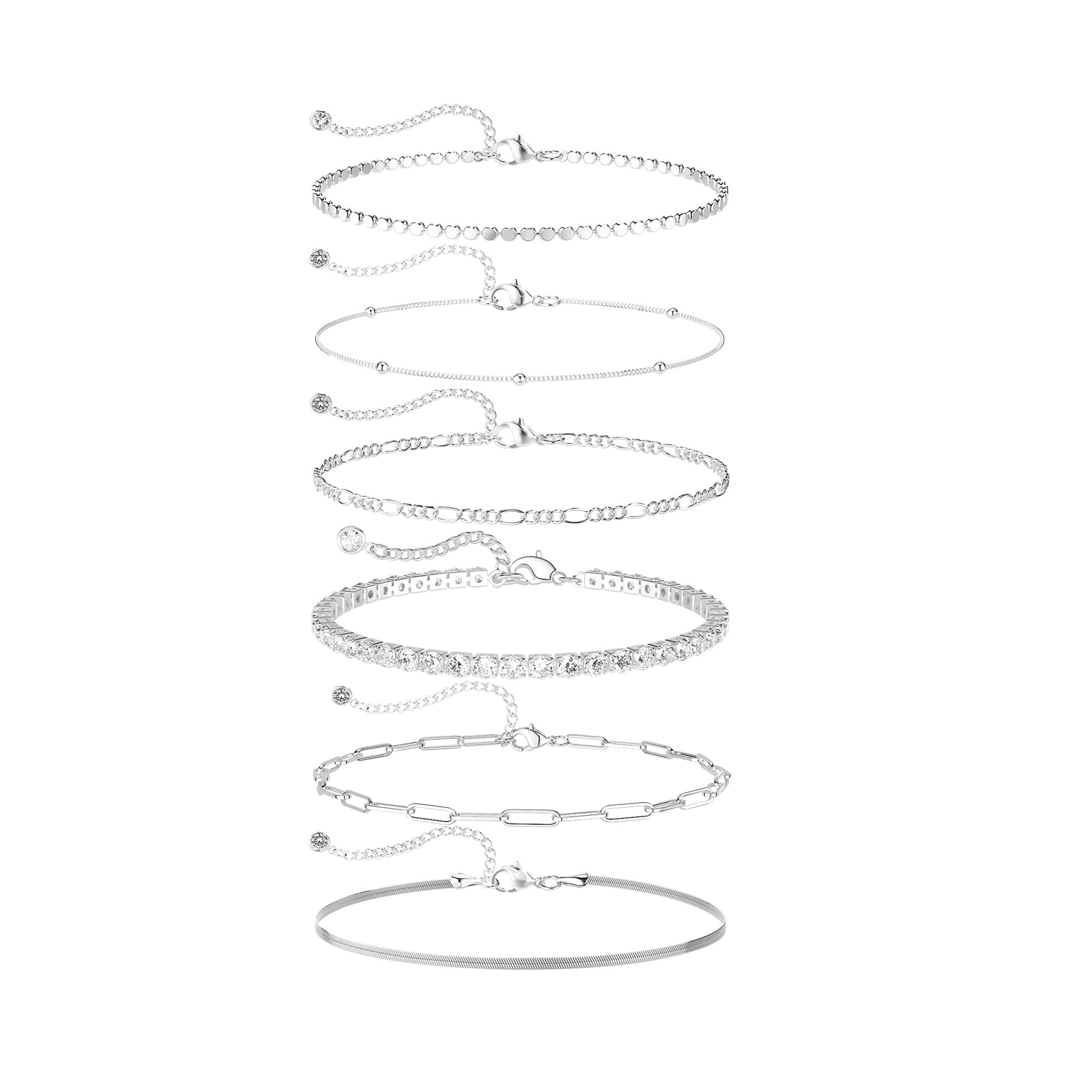 Dainty Silver Plated Bracelets for Women Trendy, Silver Jewelry Set for Women Bracelets for Women Paperclip Box Herringbone Figaro Rope Chain Bracelet Fashion Pack Gifts for Women