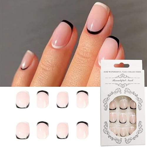 Miniatura 7 de Uñas postizas a presión de punta francesa cuadradas medianas color rosa nude punta de ballet color blanco cobertura completa uñas acrílicas simples