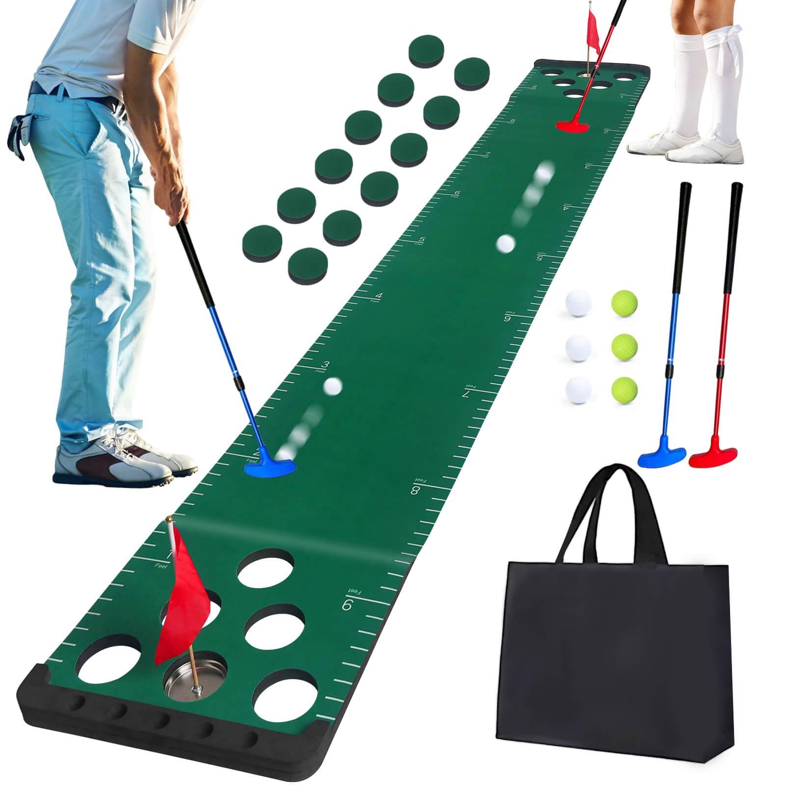 Chriiena Golf Putting Game Set, Putting Green Pong Game Mat Include 6 Balls, 1 Portable Bag, 2 Flags & Cups for Indoor Outdoor Backyard Party Use