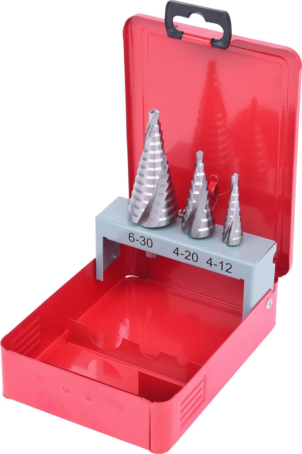 KS Tools 330.2403 Juego de brocas escalonadas HSS en casete de chapa de acero 3 pzs