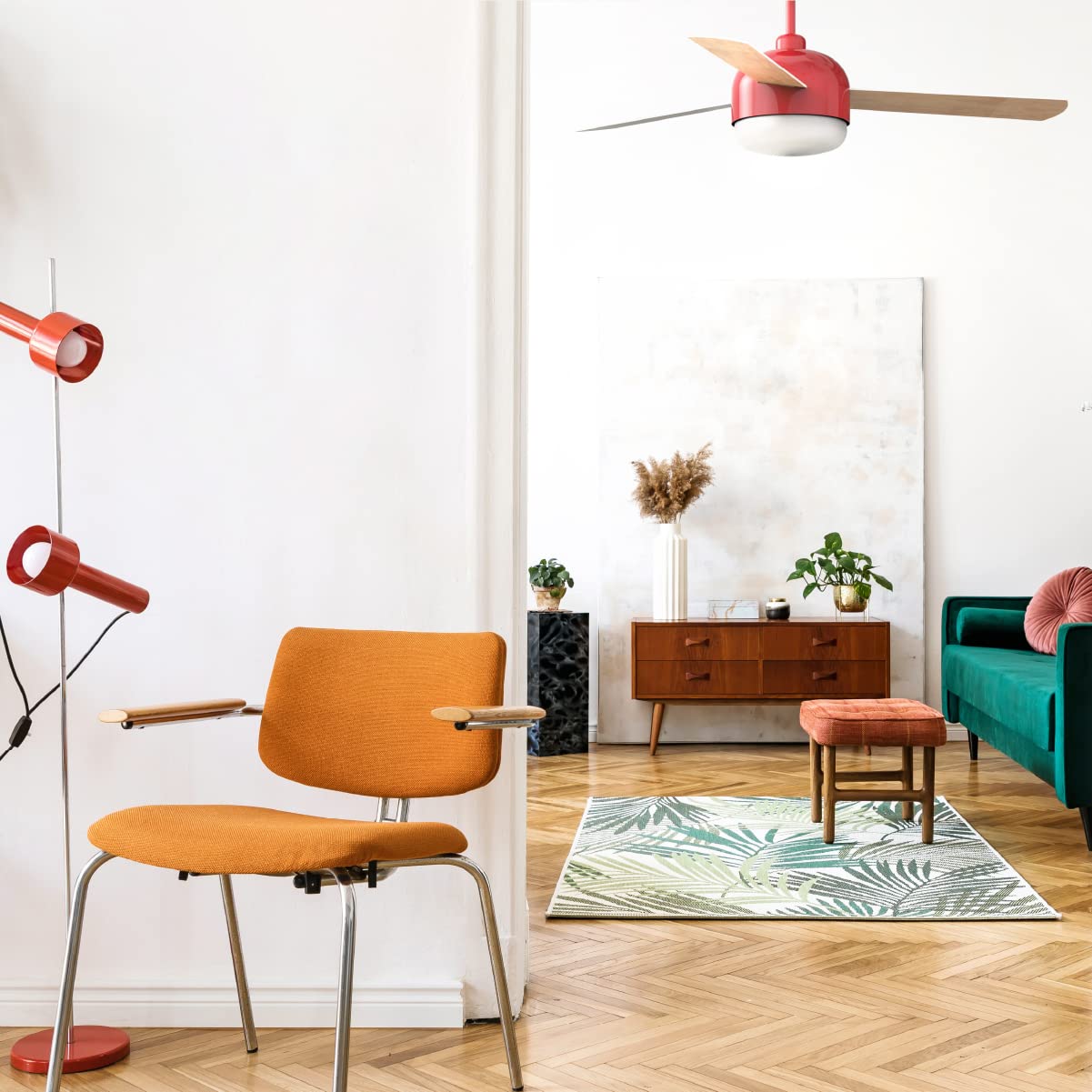 UNIVERSALBLUE Ventilador de techo con luz LED y WiFi | Rojo | Silencioso con Motor DC | Control por App, Alexa, Google Assistant y mando a distancia | 6 Velocidades | Aspas Reversibles