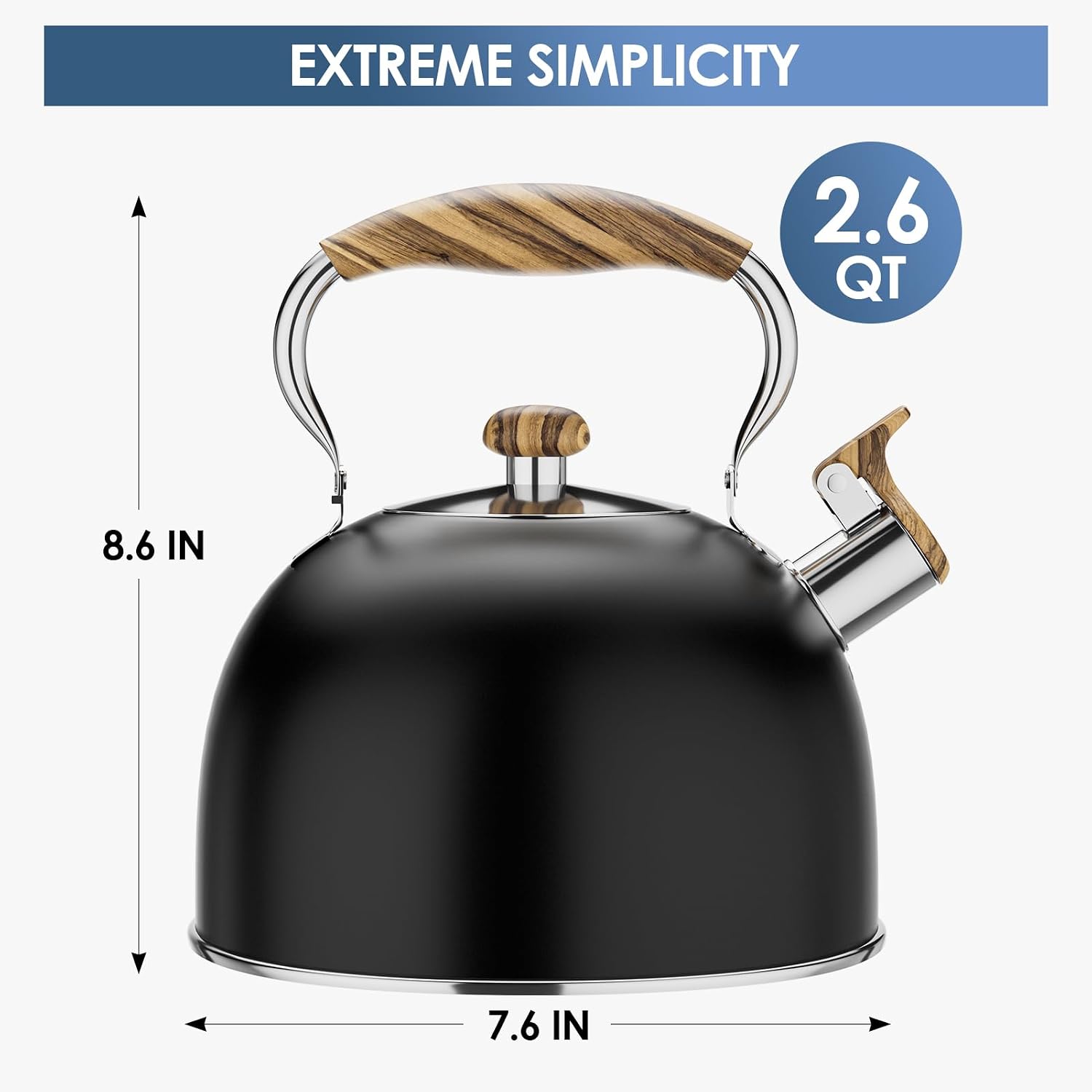 2.6 Quart Whistling Tea Kettle for Stovetop, Food Grade Stainless Steel with Cool Wood Pattern Handle, Induction Compatible, Black