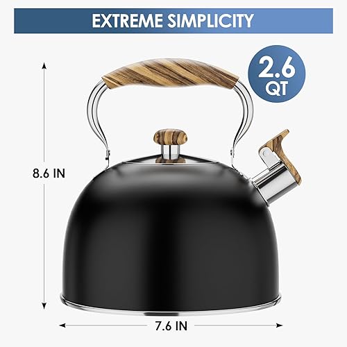 Miniatura 2 de Hervidor de té de 2.6 cuartos de galón silbando para estufa, hervidores de té de acero inoxidable de grado alimenticio con mango de madera fría,