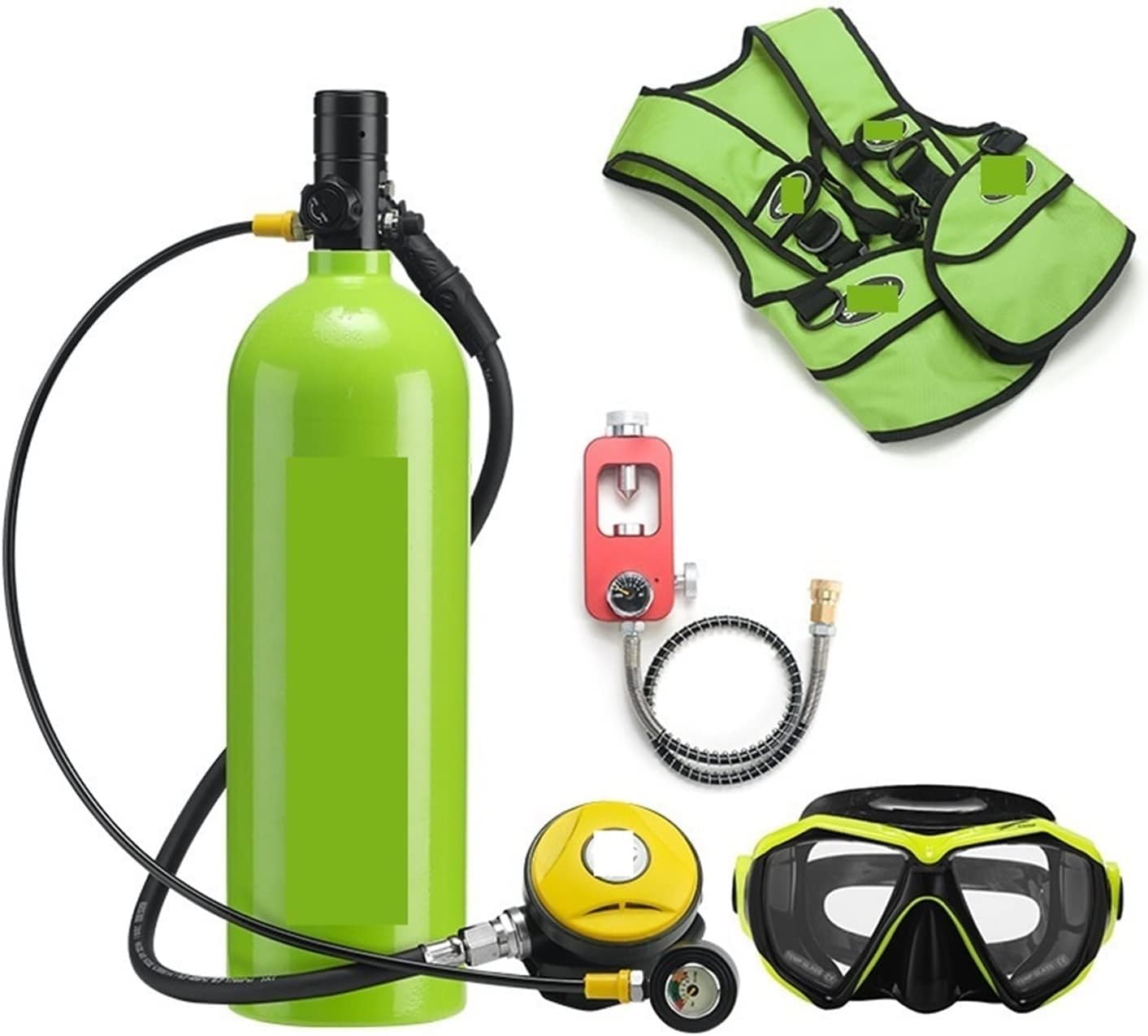 Scuba Tank Kit, 2L Diving Respirator Diving Equipment Aluminum Bottle Gas Cylinder Adult Swimming Snorkeling Snorkel Residual Pressure Gauge for Underwater Work/Underwater Recreation