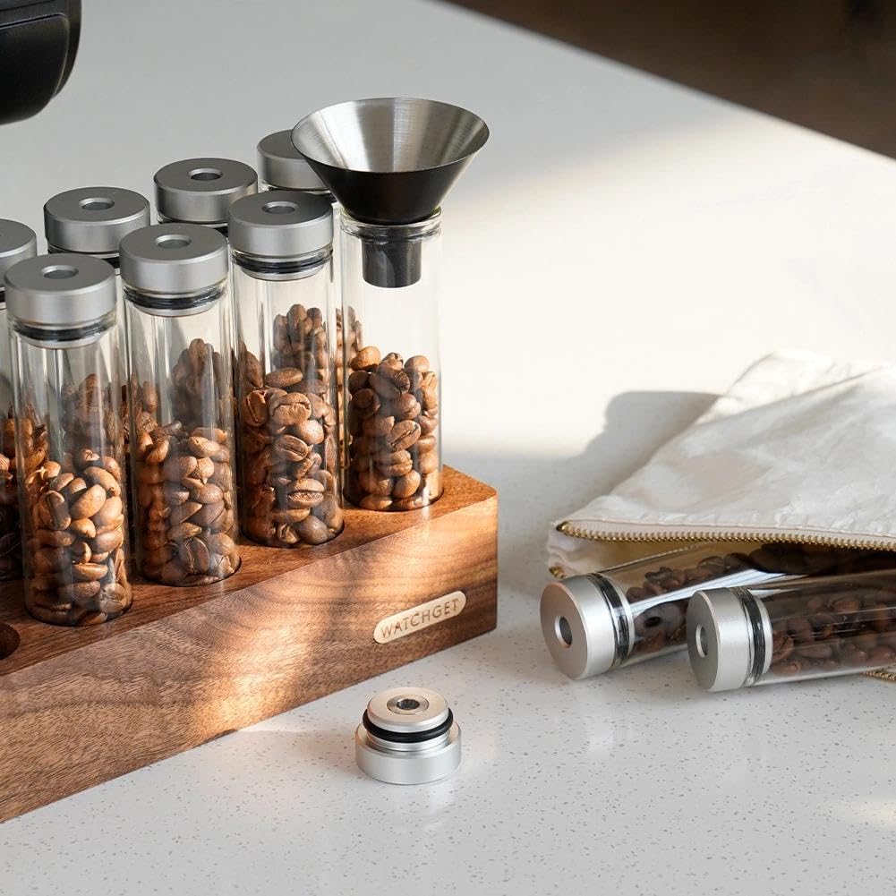 watchget 12 tubos de almacenamiento de granos de café de una sola dosis, recipiente de almacenamiento de café con válvula de escape unidireccional, viales de vidrio con base de madera de nogal y