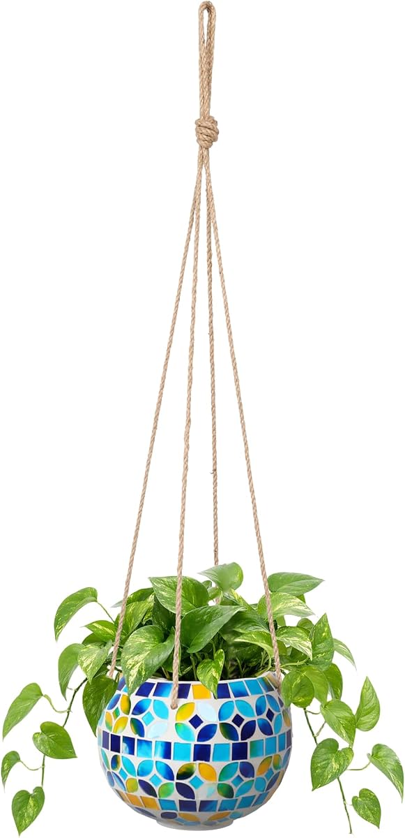 Macetero colgante de cerámica, maceta pequeña de flores azules, decoración interior | Diseño de mosaico hecho a mano, con orificio de drenaje, estilo bohemio decorativo para decoración de jardín, adecuado para plantas de interior y exterior