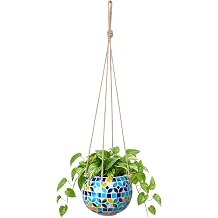 Ceramic Hanging Planter Mosaic Hanging Flower Pot Small Plant Pot for Indoor Plant Garden Decor Disco Ball Planter with Drainage Square Blue