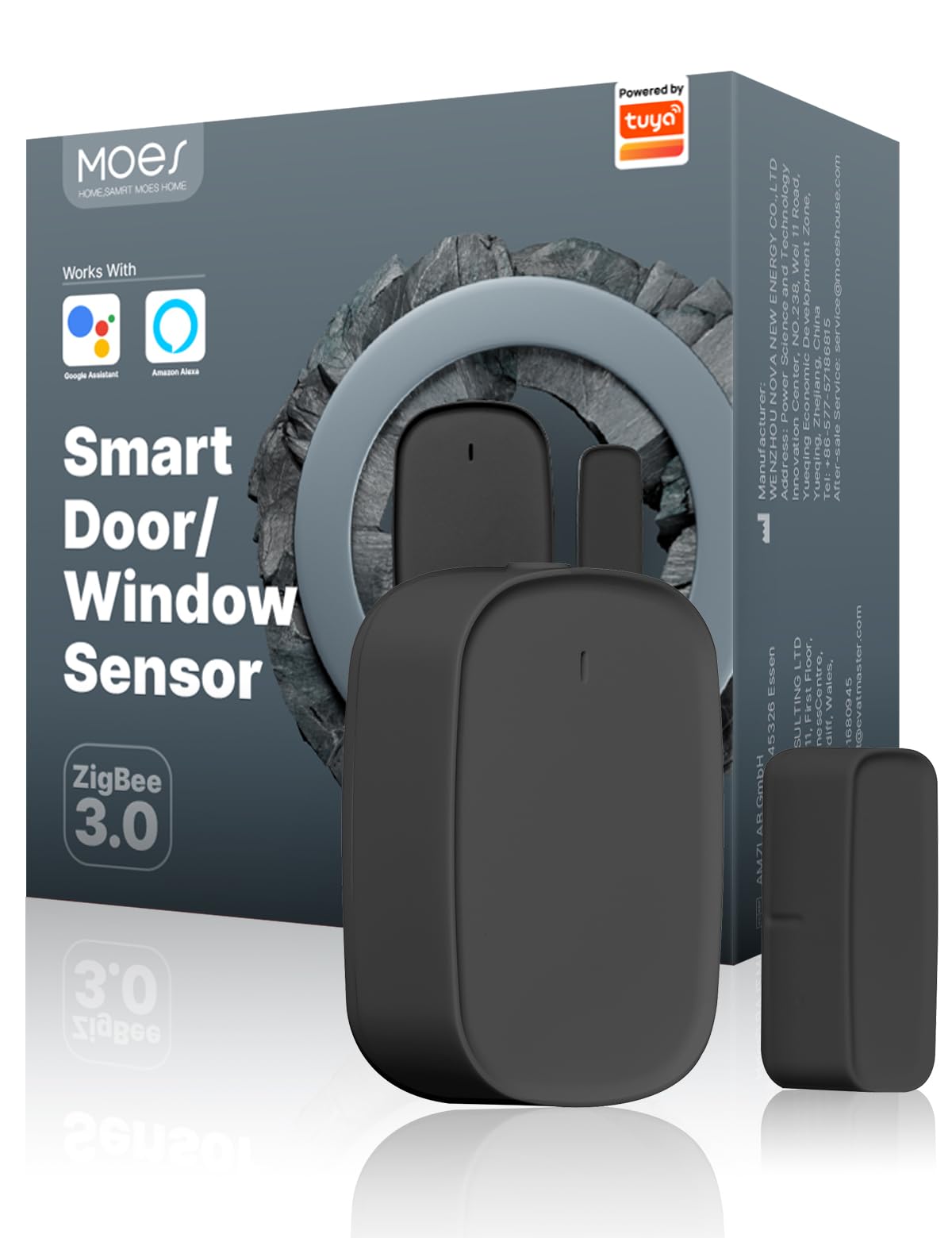 MOES Smart Tür - und Fenstersensor,MOES/Tuya ZigBee Hub erforderlich,Drahtloser Detektor für Alarmanlage, Smart Life/Tuya App,Kompatibel mit Tuya-Geräte, Alexa,und Google Assistant,Schwarz 3P