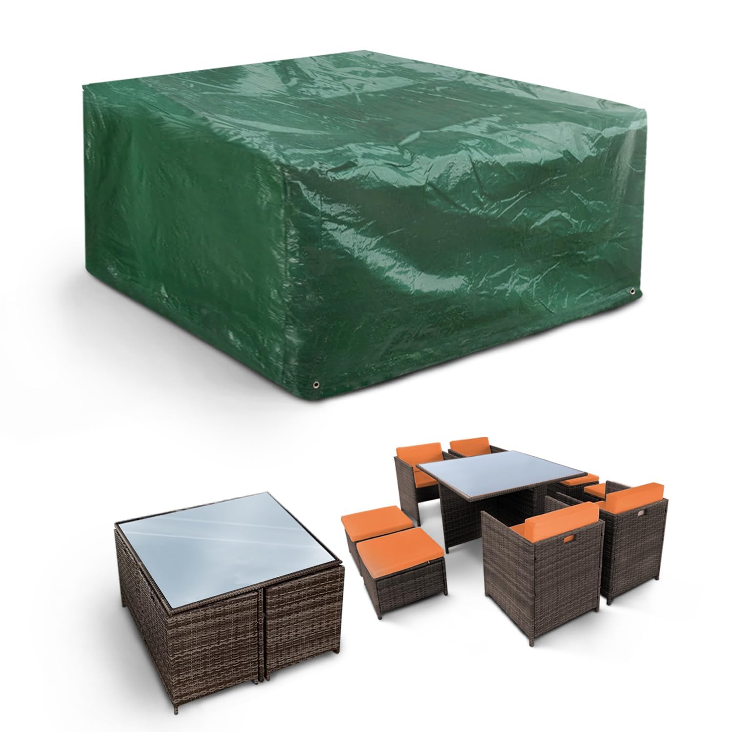 KEPLIN Garden Chair Cover Waterproof – Heavy Duty Outdoor Patio Furniture Protector | All Weather UV & Wind Protection | Brass Eyelets & Tie Cords | Green Polyethylene | 125 x 125 x 71cm