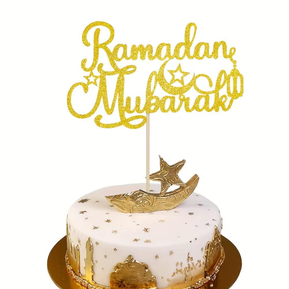 3 Ramadan Mubarak Cake Toppers, Gold Glitter Topper, Decorations, Hamper Gift Tag, Charms - Image 2