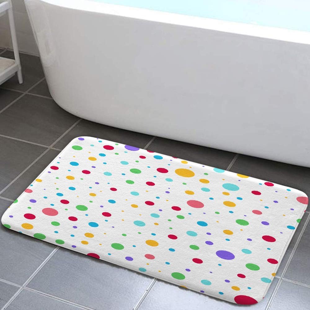DYNH Kids Rainbow Bath Mats Rugs for Bathroom, Colorful Geometric Cute Polka Dot Flannel Bathroom Floor Mat Bath Shower Rug Non Slip, White Modern