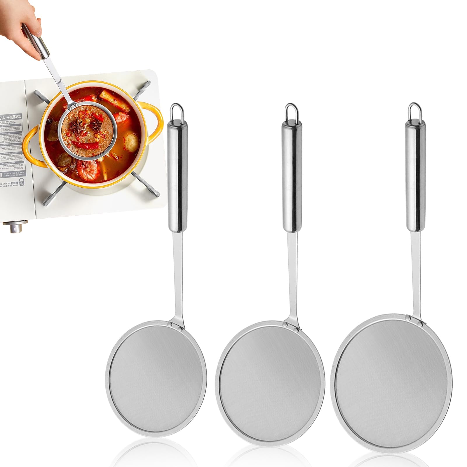 3 PCS Fine Mesh Strainer, 304 Stainless Steel Oil Skimmer Spoon Small Sieve Fine Mesh Tea Strainer Fryer Skimmer for Kitchen Tool（10cm,12cm,14cm
