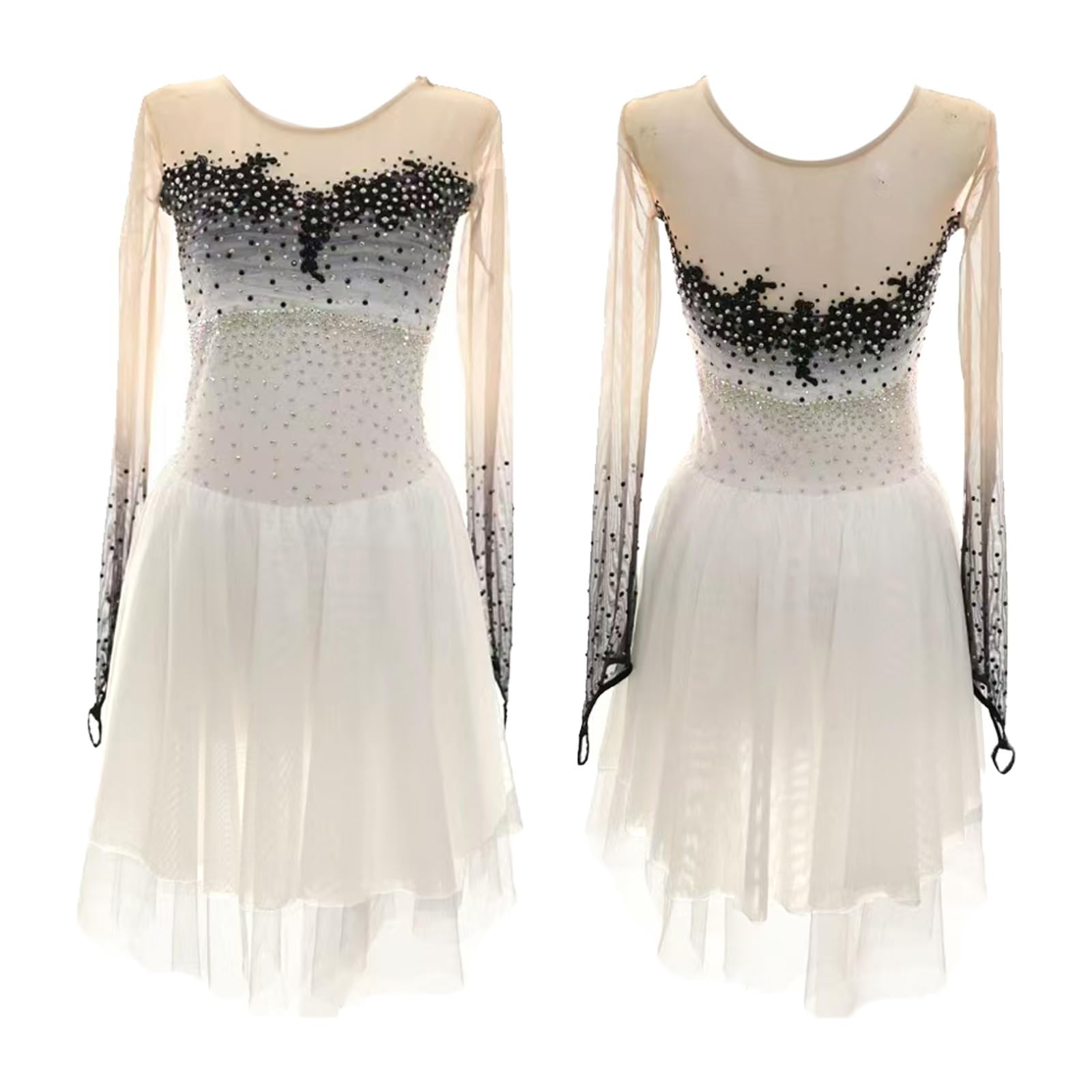 Figure Skating Dress For Women And Girls, Long Sleeve Rhinestone Custom Made Artistic Roller Skating Dresses