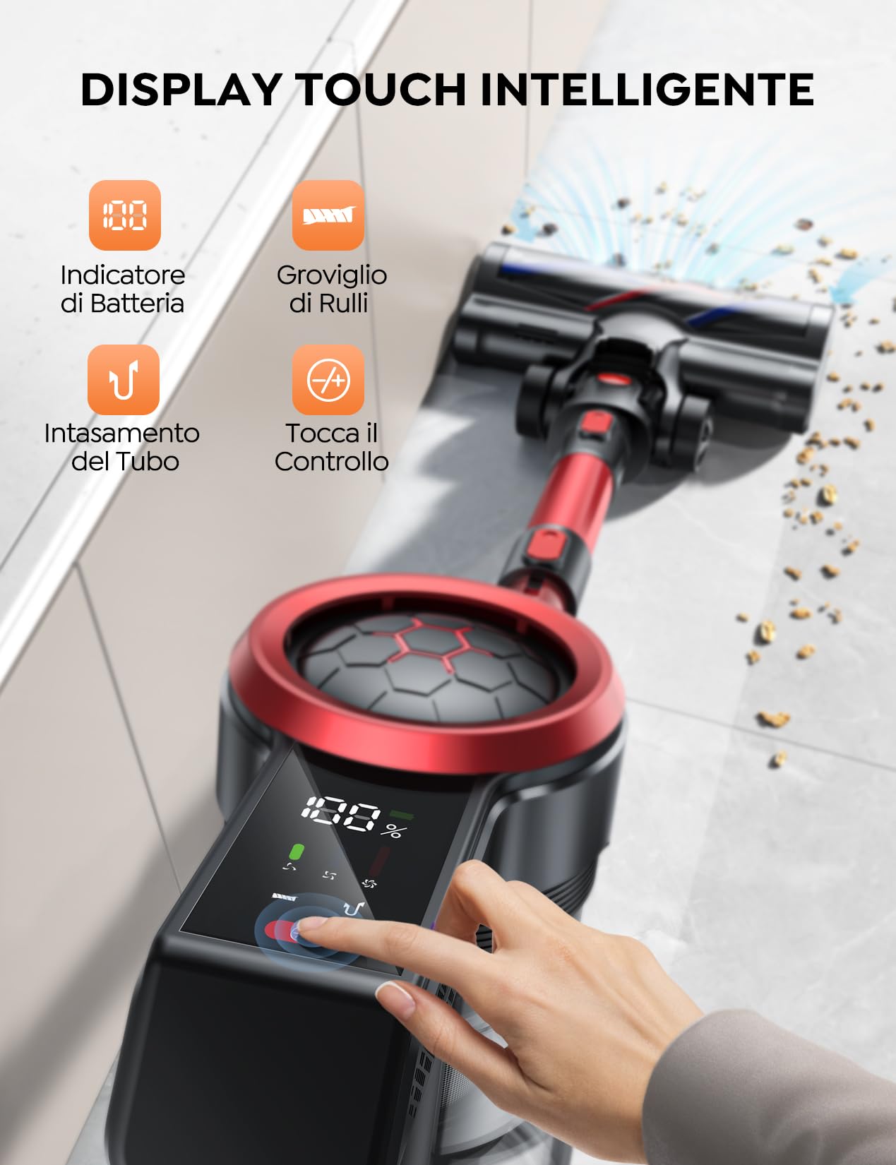 Aspirapolvere Senza Fili 50W/38000pa,55Min Batteria Rimovibile,Scopa Elettrica Senza Fili con modalità automatica e touch screen a LED e funzione antigroviglio,per Pavimenti/Tappeti/Pelosità