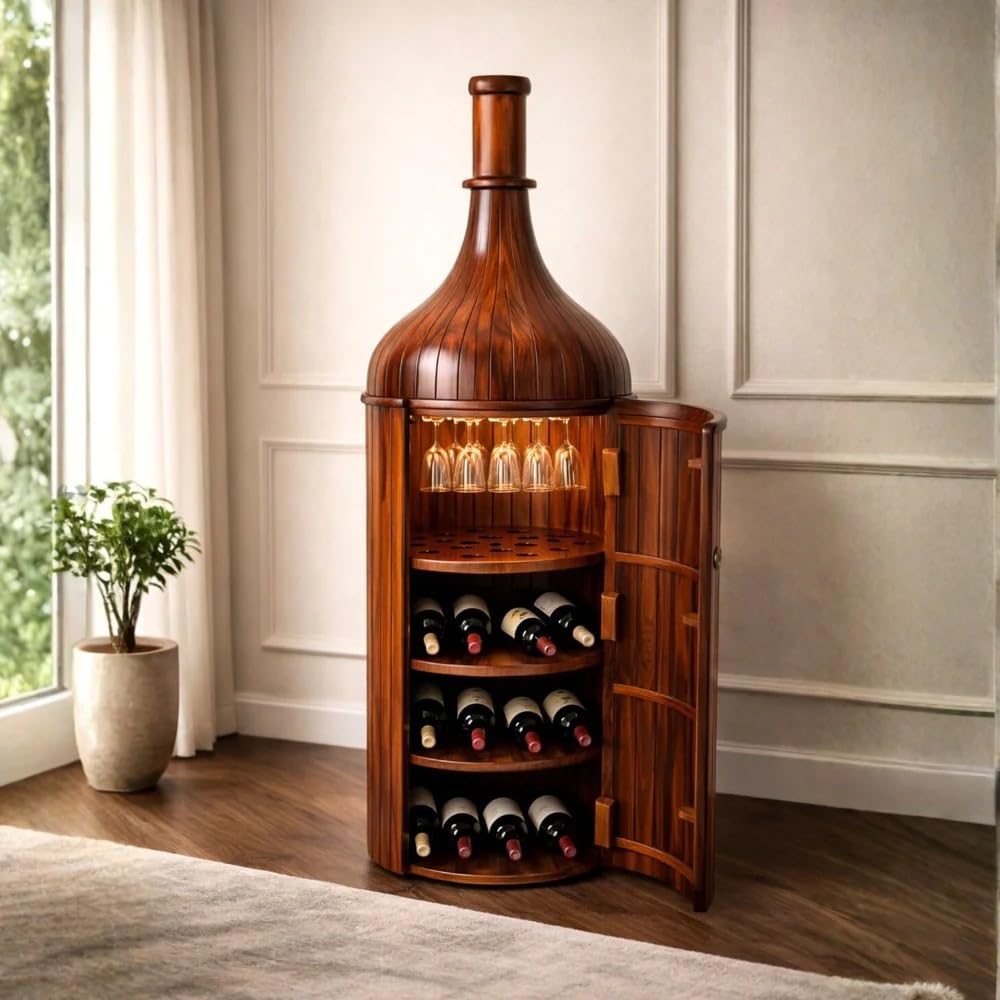Premium Solid Wood Bottle Bar Cabinet | Sheesham Wood, Honey Finish | Handcrafted Home Bar Furniture with Wine Storage & Glass Organizer | Mini Bar for Home-image-18