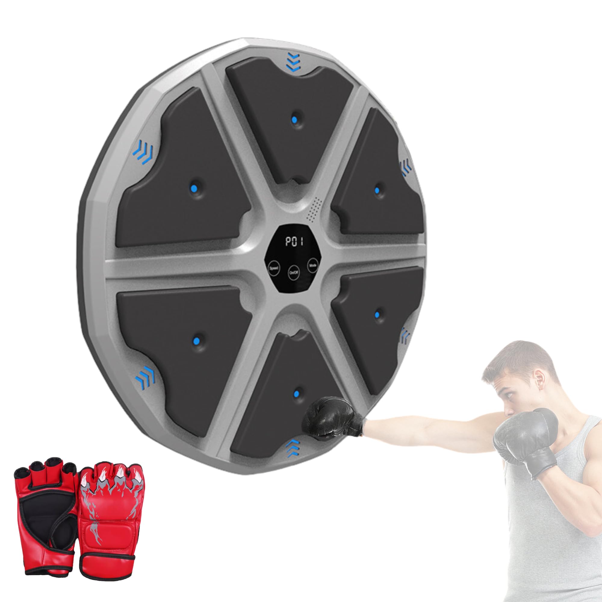 MAGIC SELECT Macchina da Boxe Musicale, Attrezzatura da Allenamento per Boxe a Parete in PU con Guantoni da Boxe, Pad da Boxe a LED, Bluetooth, Luci al Ritmo della Musica. (2 Mode, 43x43x4 cm)