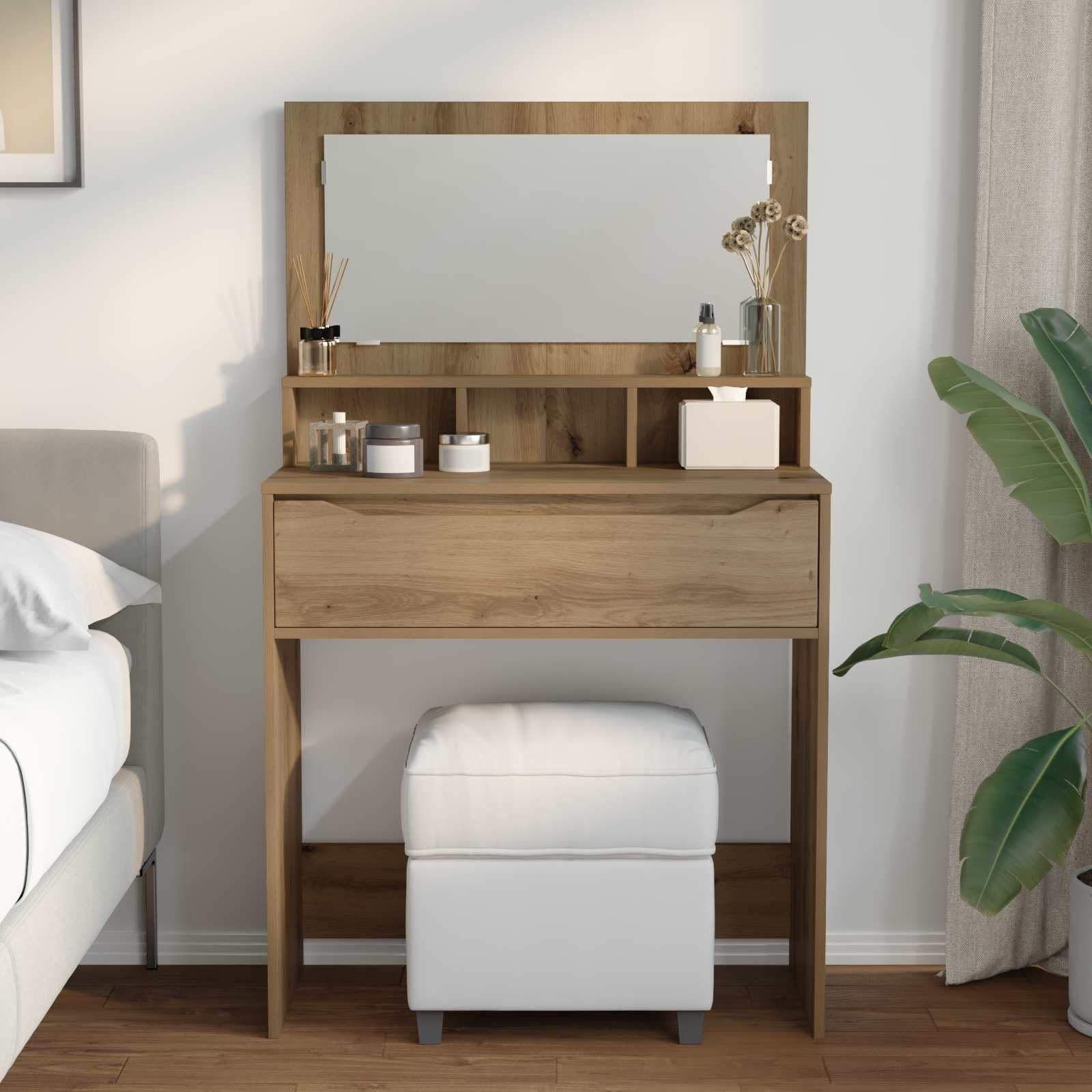 Tavolo da trucco in legno ingegnerizzato rovere artigianale con specchio piano e cassetto silenzioso, mobiletto consolle per camera da letto, postazione make up salvaspazio funzionale