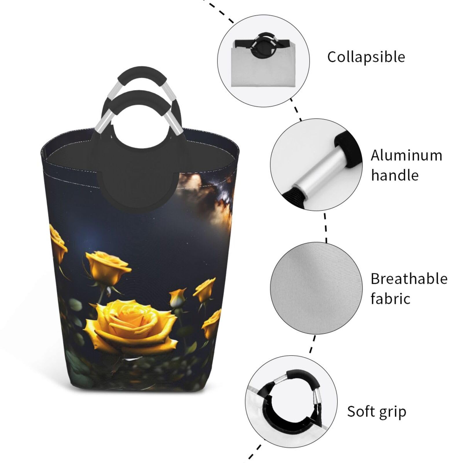 Hermosa bolsa de almacenamiento cuadrada de rosas amarillas de 50 L, adecuada para múltiples escenas, cesta plegable de almacenamiento de ropa sucia.