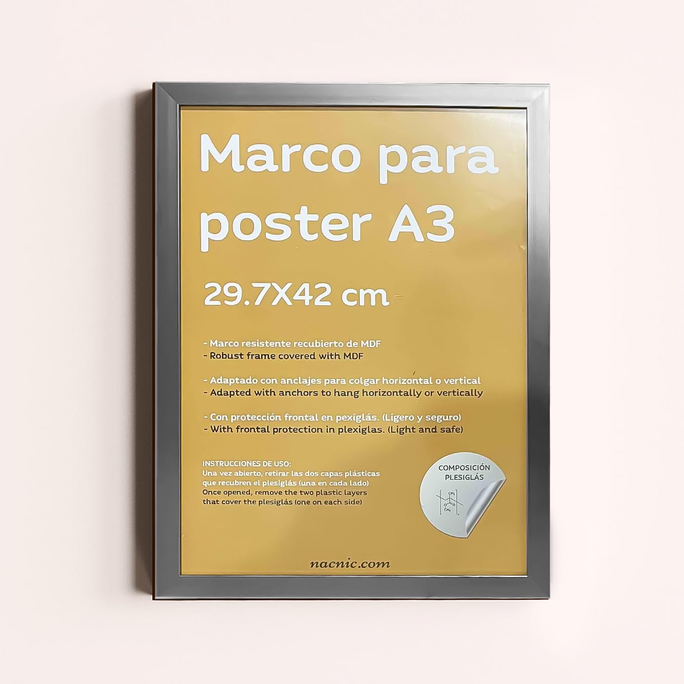 Nacnic - Pack 4 drewniane ramki ze srebra MDF i szkła akrylowego | Ochrona i ekspozytor zdjęć, folii, plakatów, obrazów i dekoracji do salonu, sypialni lub biura | A3 (29.7x42 cm)
