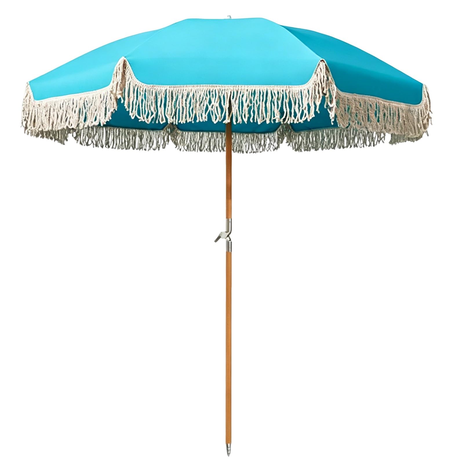 Parasol Ogrodowy w Boho z Frędzlami 200 cm, Przenośny Parasol Plażowy z Regulowanym Drewnianym Trzonkiem, 8 Żeberek z Włókna Szklanego