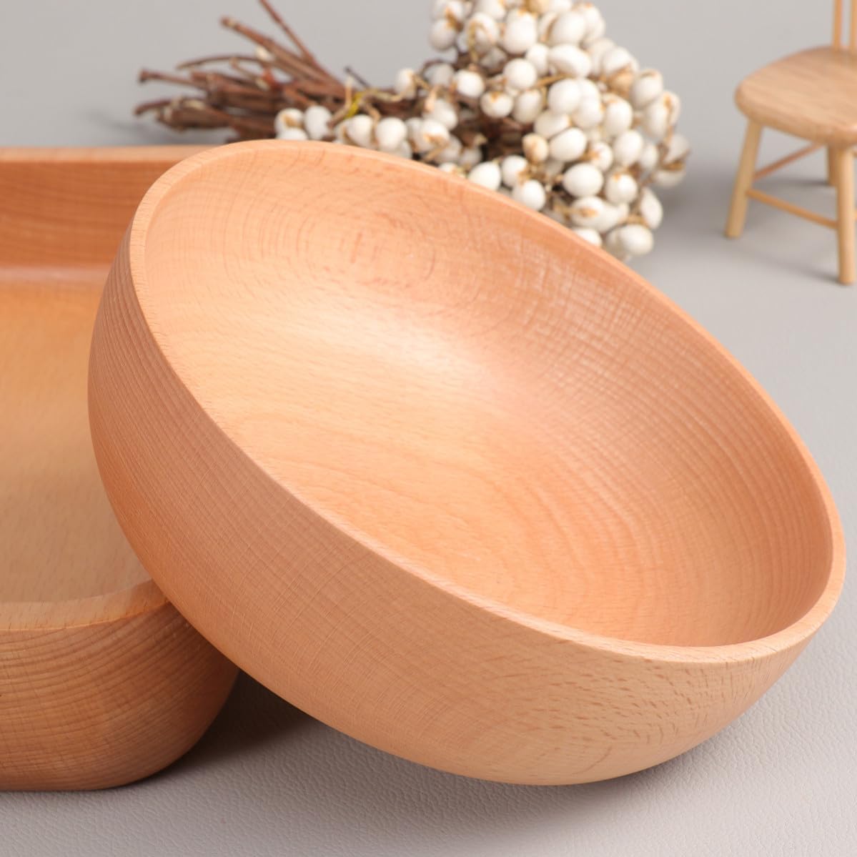 Wooden round Salad Bowl, Crack Resistant Flat Bottom, Japanese Style