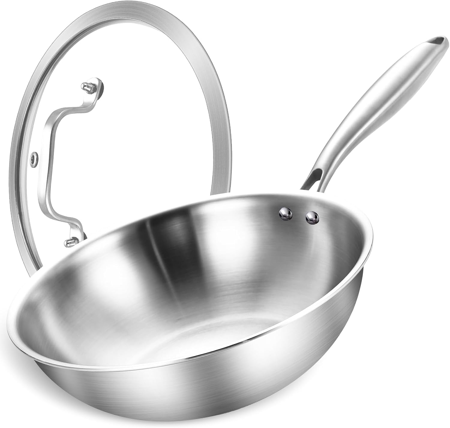 LOLYKITCH Wok 26 cm, unbeschichtete Edelstahl-Wokpfanne mit Glasdeckel