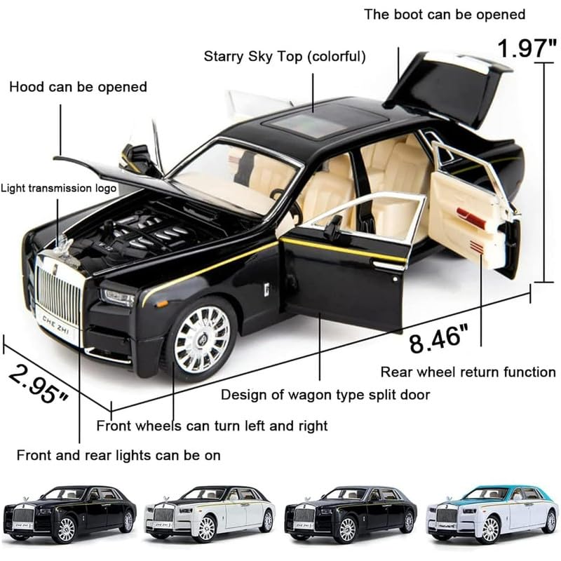 Image of Kids Model 1:32 Roll Royce Phantom Die Cast Metal Car Pull Back Action Opening Doors with Realistic Engine Sound Lights Toy Car Gift for Boys - Black