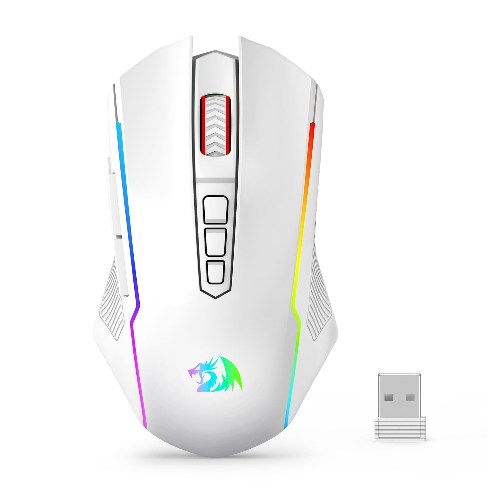 Redragon Ratón inalámbrico para juegos, trimodo 2.4G/USB-C/Bluetooth, 10000 DPI, retroiluminación RGB, totalmente programable, mouse inalámbrico recargable para laptop, PC, Mac, blanco