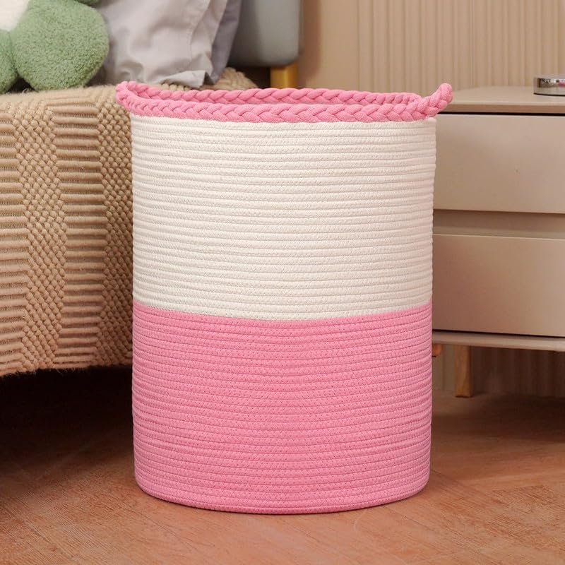Image of Storage Rope Laundry Hamper Basket for Clothes, Towels and Blankets in Livingroom, Bedroom, Laundry Room and Basket for Nursery Storage (Size - 14 inch x 14 inch x 18 inch) (Pink White Zig Zag)