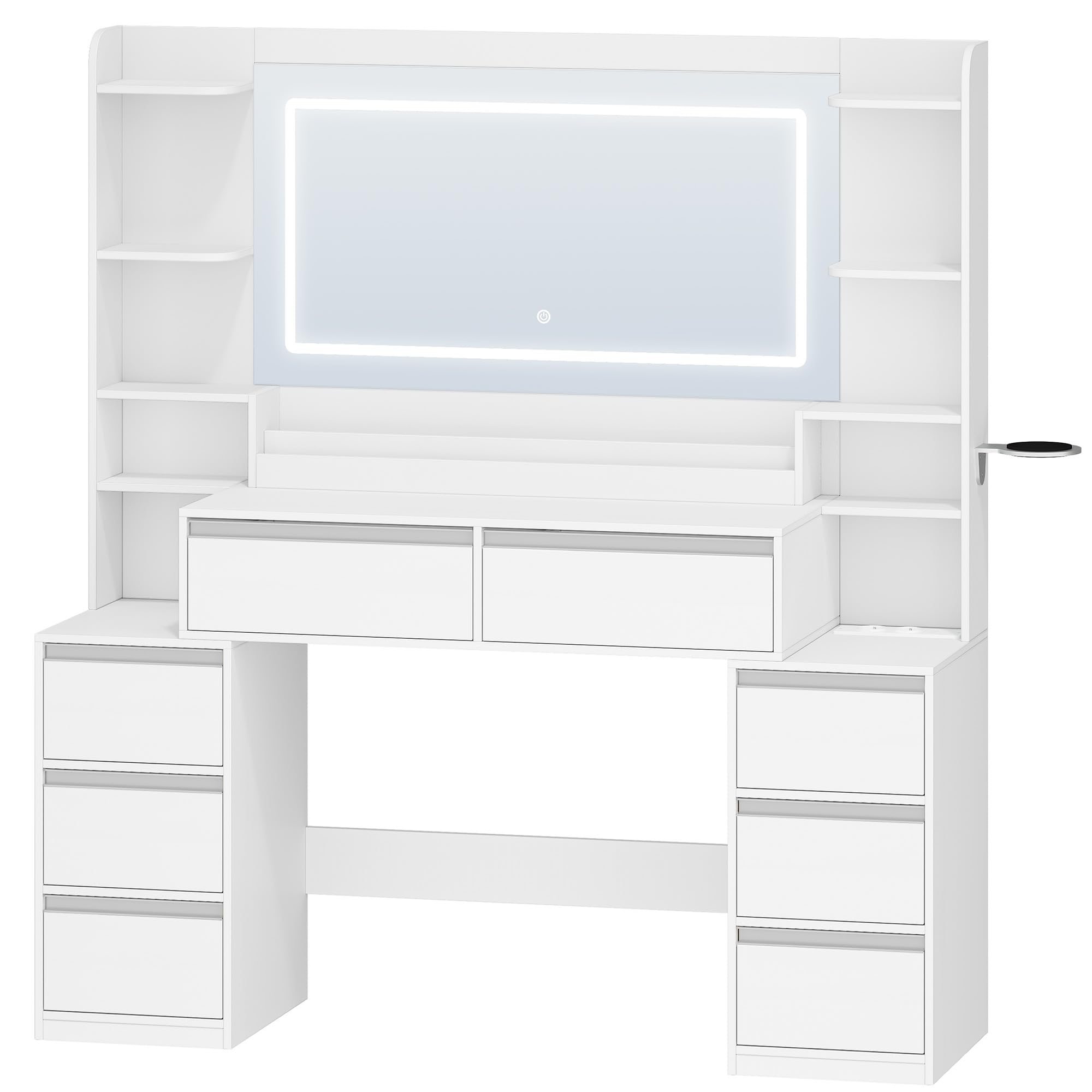 HEXCELEN 135cm Coiffeuse avec Miroir, Table de Maquillage avec 3 Lumières LED à Luminosité Réglable, Prises de Courant, Support pour Sèche-Cheveux, 8 Tiroirs et Étagères Ouvertes, Blanc-Argent