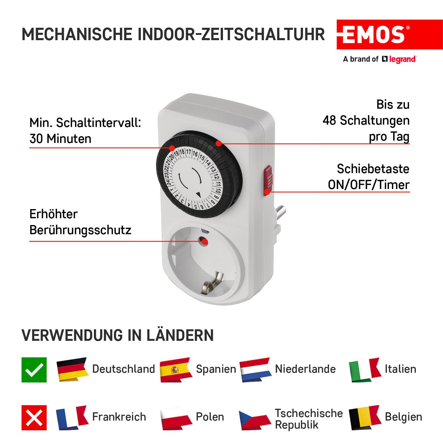 EMOS Mechaniczny programator czasowy Schuko z przełącznikiem, programowalne gniazdko wewnętrzne z 48 cyklami po 30 minut, zwiększona ochrona przed dotykiem, biały