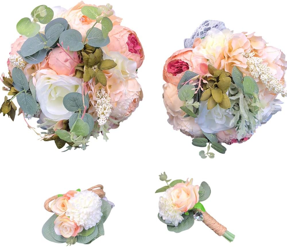 Abbie Home Wedding Bouquet - 9.5 inches Real Touch Roses Peony Lily Bridal Holding Flowers for Garden Wedding