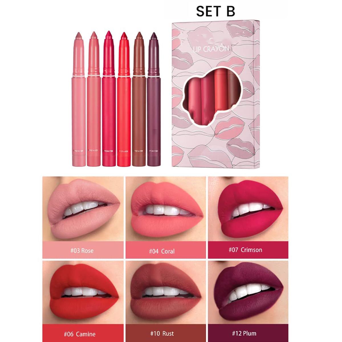 12 Farben Wachsmalstift Lippenstift Set - Non-Fading Matte Crayon Wasserdichter Langlebiger Samt-Lippenstift Lip Liner Mit Integriertem Anspitzer (Set A + B)