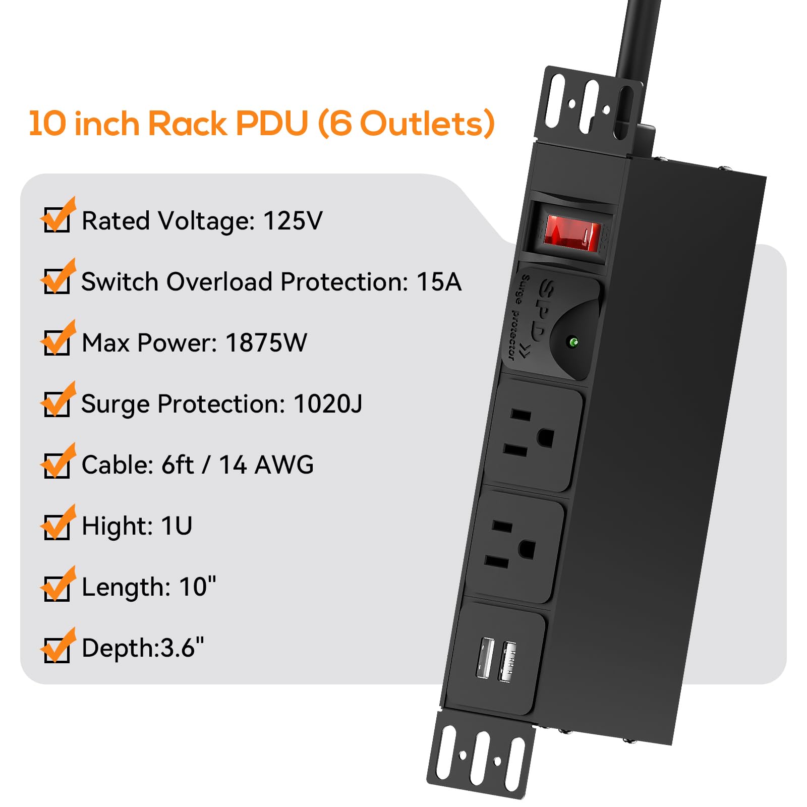 PDU rack 10 pouces, 1U 6 sorties (2 pouces avant, 4 pouces arrière), protection contre les surtensions 1020J et interrupteur de surcharge 15A et 2 USB-A, bandes d'alimentation