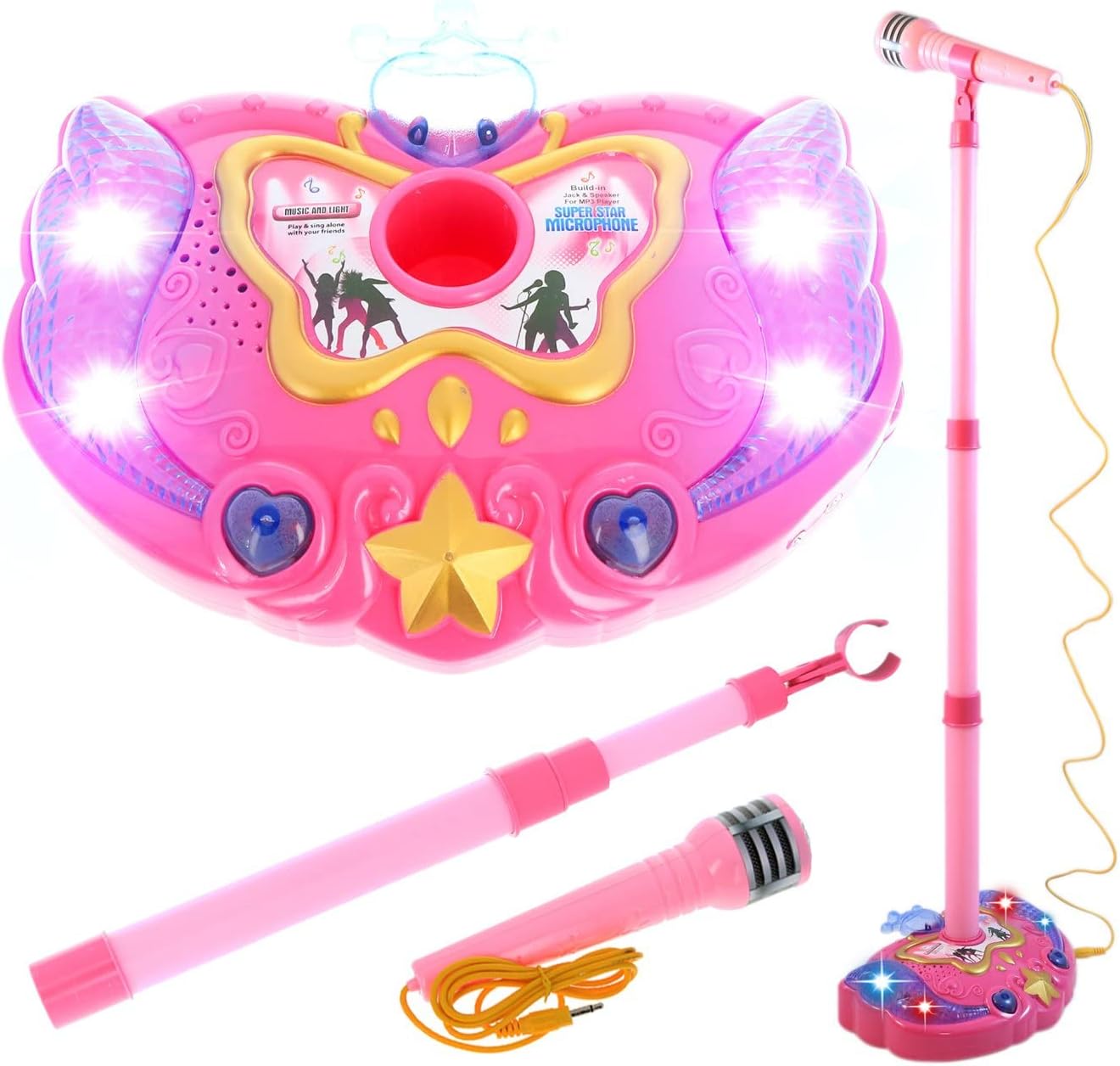 Music Karaoke Machine for Kids Microphone Lights Sounds MP3 Player, Pink, Girls Ages 3+
