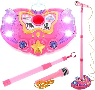 Kidplokio Music Karaoke Machine for Kids Microphone Lights Sounds MP3 Player, Pink, Girls Ages 3+