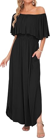 AUSELILY Womens Off Shoulder Ruffle Split Summer Maxi Dresses with Pockets