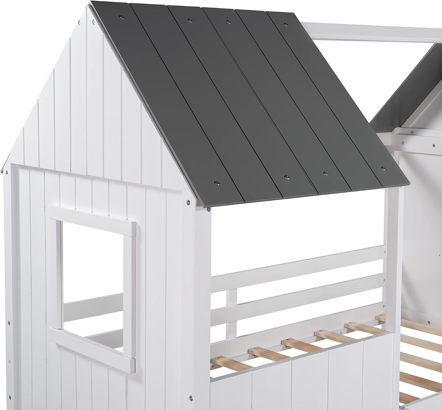 Close-up of the roof and window details of the VilroCaz Low Loft Bed