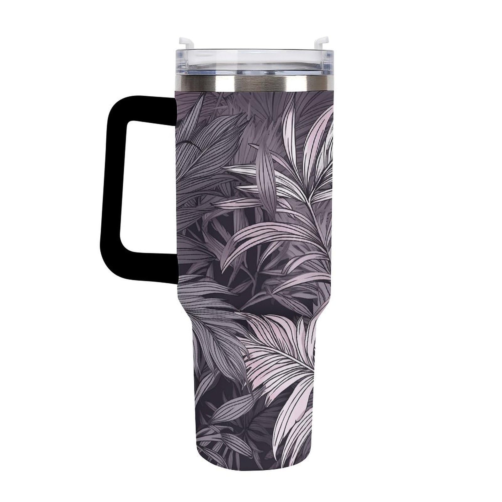 Tazas de hojas de palma moradas con popote y asa, taza de café con aislamiento al vacío de doble pared, botellas de agua para café helado, té, bebida caliente y fría