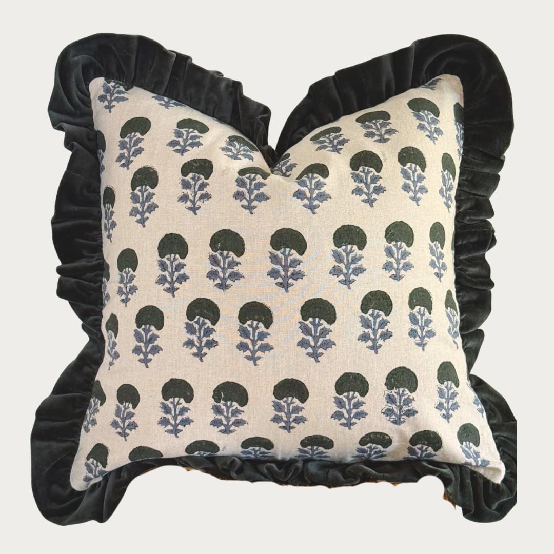 Palm & Loom 100% Cotton Linen Cushion Cover - Aira Decorative Throw Pillow Case with Dark Green & Blue with Ruffle - Modern Traditional Living Room, Bedroom Pillow Cover (Neela, 20" x 20" (Pack of 1))