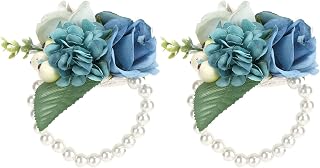 White Ivory Rose Wrist Corsage Royal Blue Wrist Corsages for Prom Bridal Bridesmaid Girl Wedding Planner Wrist Corsage Hand Flower Wedding Boutonniere Flowers Accessories for Prom Party(Lake Blue)