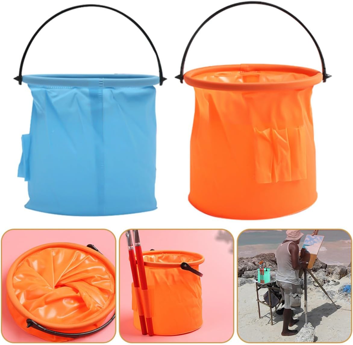 2pcs Foldable Plastic Brush Bucket Paint Brush Cleaner Set, Blue and Orange, Collapsible Water Container for Outdoor Painting and Art Supplies