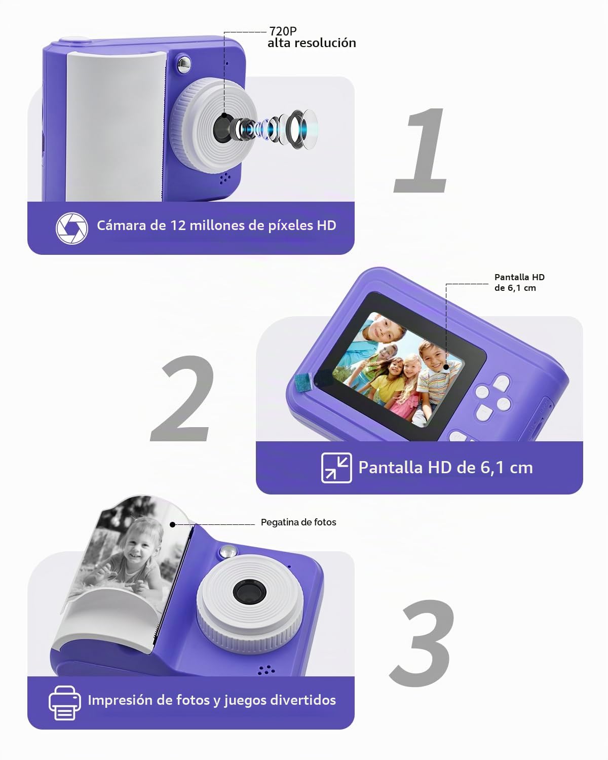 Impresora instantánea para niños, cámara con Pantalla LCD, Juegos, vídeo y Fotos, Incluye 3 Rollos de Papel fotográfico