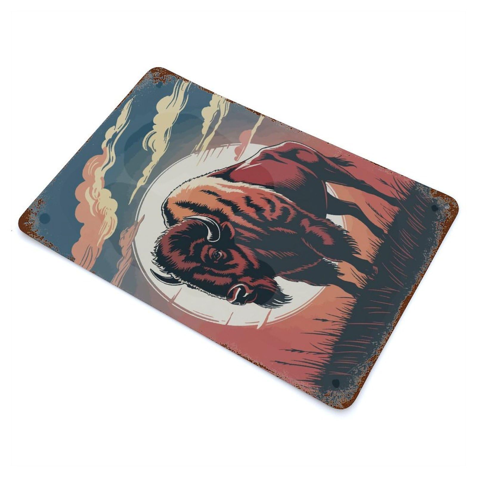 American Bison Illustration with Sunset Backdrop Vintage Wall Sign 11.8"x7.9", Rust Effect Metal Decor for Cafe, Home Bar And Lounge Decor